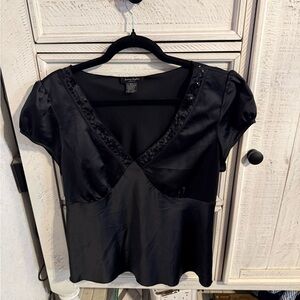 Sunny Taylor Black Satin V-Neck Puff Sleeve Blouse with Sequin Trim